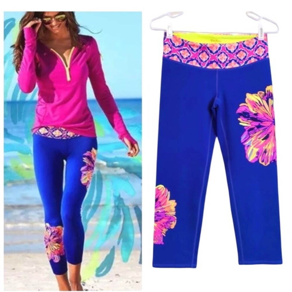 Lilly Pulitzer Luxletic Weekender Cropped Leggings Blue Floral XXS‎ UPF 50
